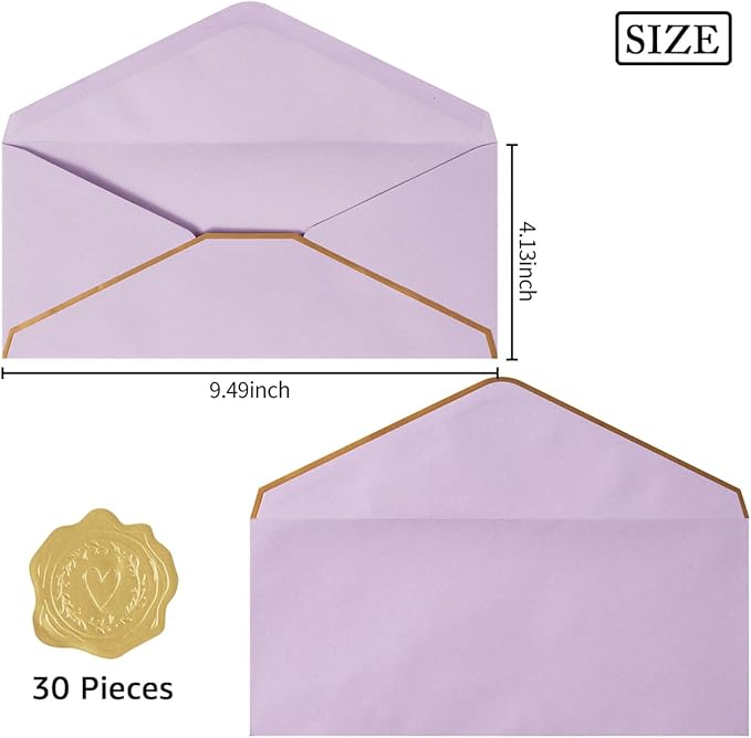 30 Pack Thick #10 Business Envelopes with Gold Border, 4 1/8 x 9 1/2 Thick Paper Standard Envelopes with Stickers for Office, Checks, Letter Mailing, Invoices (Light Purple)