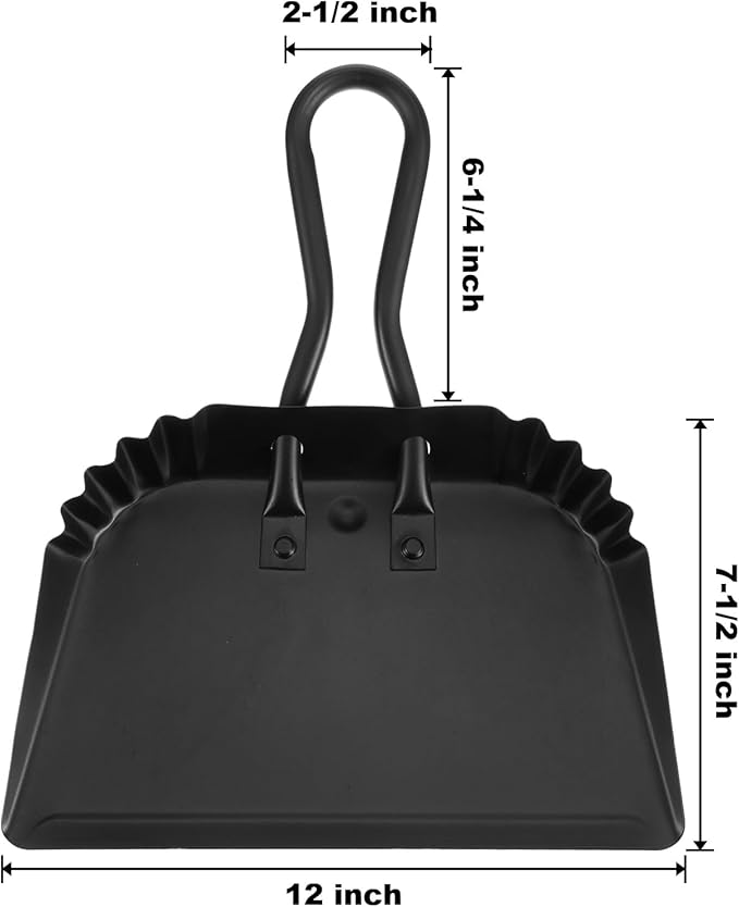 2 Pack Black Metal Dustpan, 12 Inch Heavy Duty Steel Dust Pan with Handle Handheld Dustpan Wide Scooper for Indoor, Outdoor, Fireplace, Industrial and Commercial Use