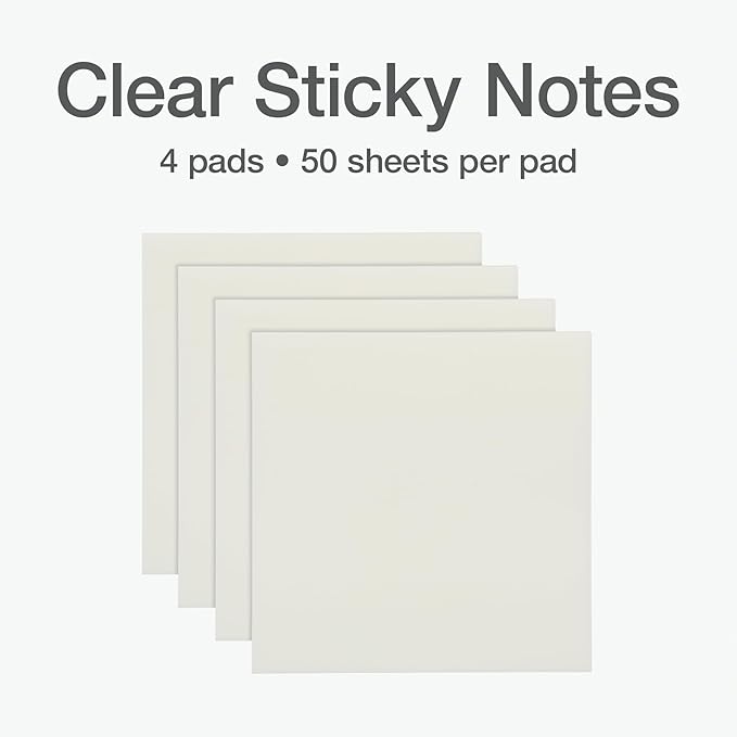 Redi-Tag Translucent Sticky Notes, Transparent Self-Stick Notes, 3" x 3", 4 Pads, 50 Notes Per Pad, 200 Sheets (1006596)