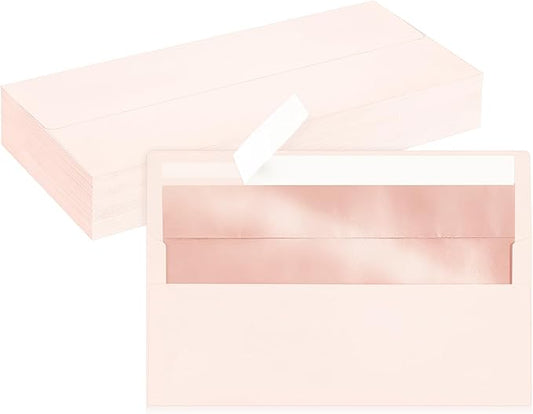 50 Pack #10 Blush Pink Business Envelopes with Metallic Rose Gold Foil Lining, Standard Letter Size Mailing Envelopes Self Seal for Checks Invoices Party Birthday Wedding, 4 1/8 x 9 1/2 Inch