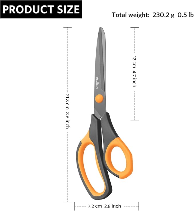 Titanium Scissors, Premium 8.6” All Purpose Scissors, Ultra Sharp Stainless Steel Blades, Comfortable Grip, Great for Craft, Office, School and Everyday Use, Black/orange, 21.8cm, Pack of 3