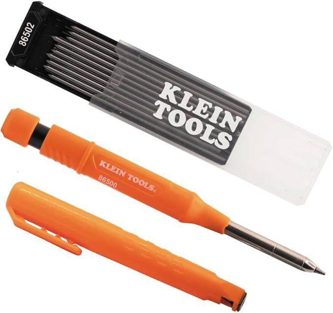 KLEIN TOOLS 80188 Skribes 2.8 mm Mechanical Carpenter Pencil with Built-In Sharpener and 10-Pack Graphite Lead Refills, for Deep Hole Marking for Woodworking and Construction