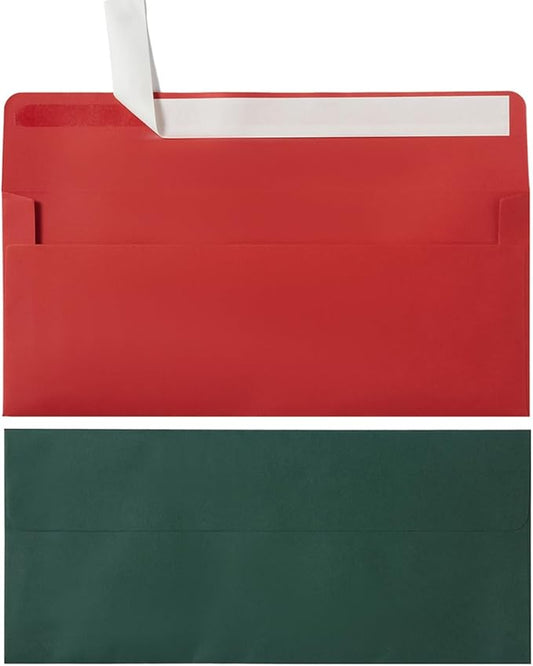 Wishop 50 Pack #10 Business Envelopes Self Seal 4x9 Standard Envelopes for Business, Invoices, Letter Mailing, 4 1/8 x 9 1/2 Inches (Christmas Green/Red, 4.13 x 9.49)