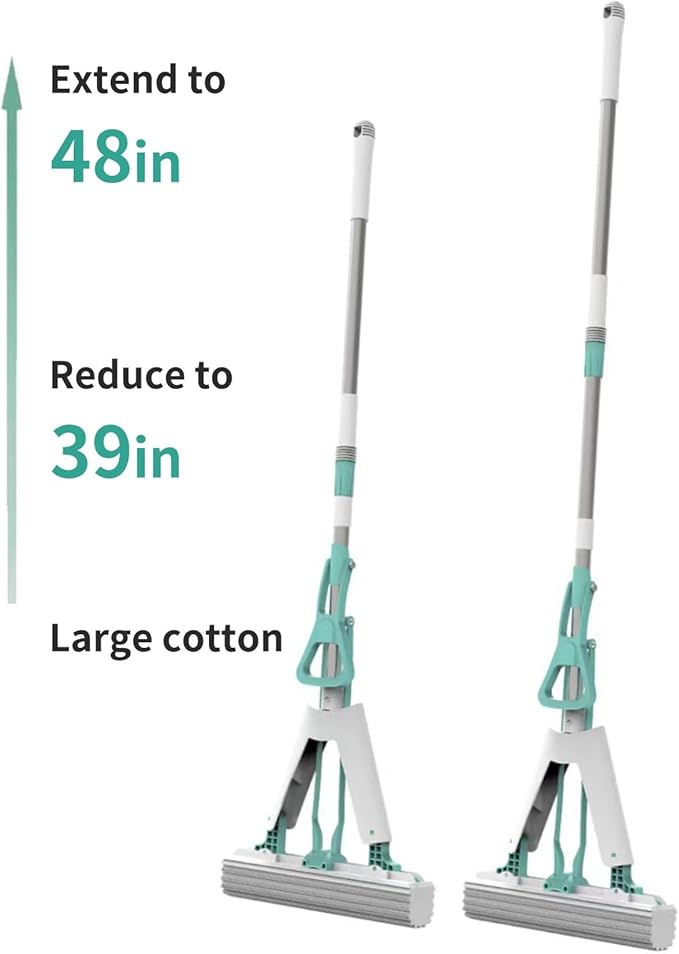 Sponge Mop with Telescope Handle for Kitchen Bathroom Garage Floor Cleaning, Automatic Wringing for Tile Marble Wood Floors, 1 Extra Sponge Head