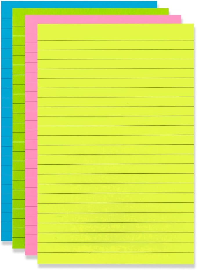 4 Pads Lined Sticky Notes 5 x 8 in, Bright Colors, Colorful Large Sticky Notes with Lines Self-Stick Note Pads for Home Office School Supplies, 50 Sheets/Pad, 200 Sheets Total, 4A 5084-N-L