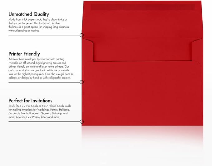 LUXPaper A7 Invitation Envelopes | 5 1/4" x 7 1/4" | Holiday Red | 60lb. Text | 50 Qty