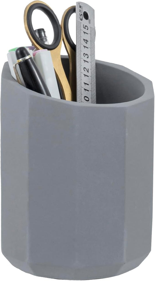 MyGift 3.5 Inch Round Modern Geometric Gray Concrete Pen Holder with Angled Top, Faceted Pencil Cup Office Desk Organizer, Vanity Table Makeup Brush Storage