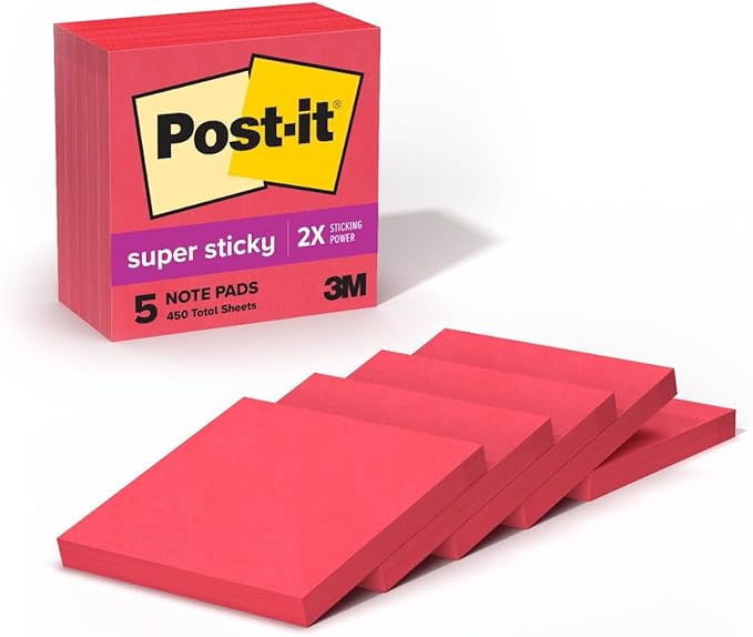 Post-it Super Sticky Notes, 5 Sticky Note Pads, 3 x 3 in, School Supplies, Office Products, Sticky Notes for Vertical Surfaces, Monitors, Walls and Windows, Candy Apple Red
