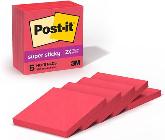 Post-it Super Sticky Notes, 5 Sticky Note Pads, 3 x 3 in, School Supplies, Office Products, Sticky Notes for Vertical Surfaces, Monitors, Walls and Windows, Candy Apple Red