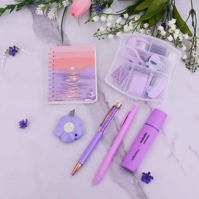 Mini Office Supply Kit Includes Stapler Tape Dispenser Staple Remover Paper Clips Scissor Notebook Highlighter Ballpoint Pen Small Telescopic Knife for Office and School Student (Purple Set)