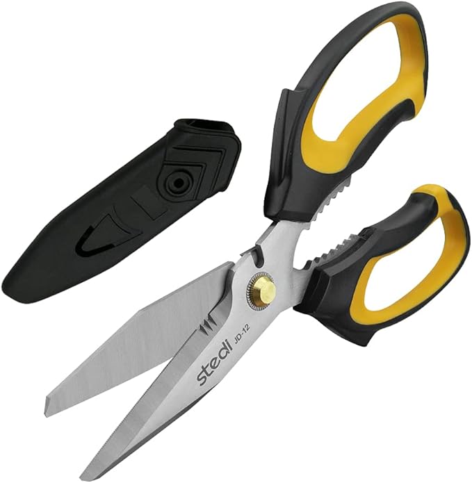 Stedi Scissors Heavy Duty 8-Inch,Multipurpose Scissors,Sharp Stainless Steel Shears with Serrated Edge & Protective Cover,Non-Slip Handle,Easy Cutting Cardboard, Carpet,Leather, Fabric, Wires, Yellow