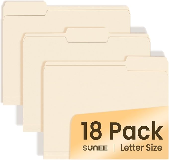 SUNEE File Folders, 18 Pack Manilla Folders 8.5 x 11, 1/3 Cut Tab for Easy Labeling and Organization, Durable Standard Paper for Home, Office, School Filing