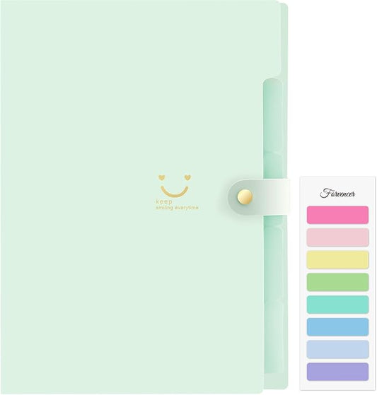 Forvencer Accordion File Organizer, Letter Size, 5 Pocket Expanding File Folder, Cute File Folder with Labels, Portable File Organizer for School Office Supplies, Folders for Documents, Light Green