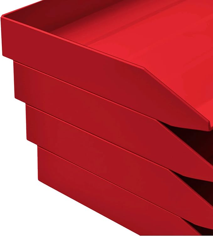 Acrimet Stackable Letter Tray 4 Tier Side Load, Plastic, Desktop File Organizer (Solid Red Color)