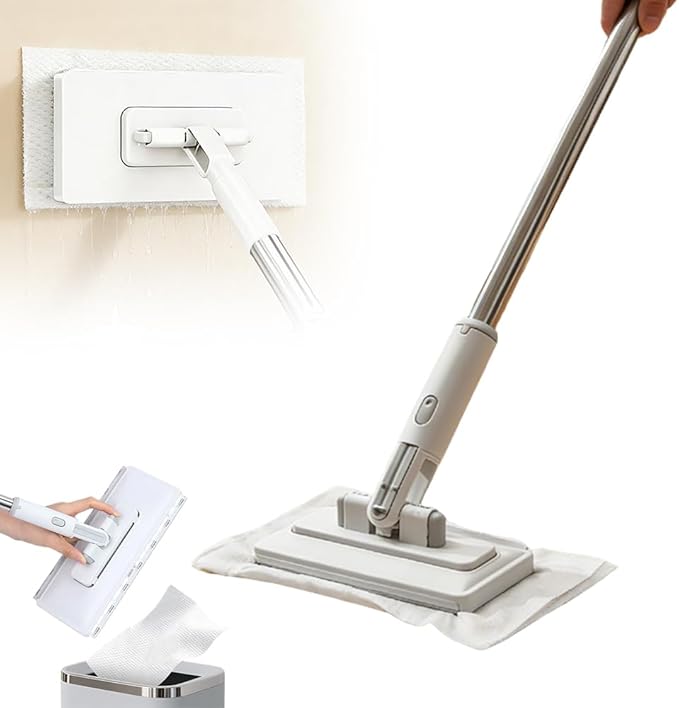 Snap Grip Mini Mop,Mini Sweeper Mop No-Touch Dirty Cleaning Flat Dust Mop for Dry Wet Disposable Pads,Corners Wall Multi Surface Cleaning (White 6.3x40 inch)