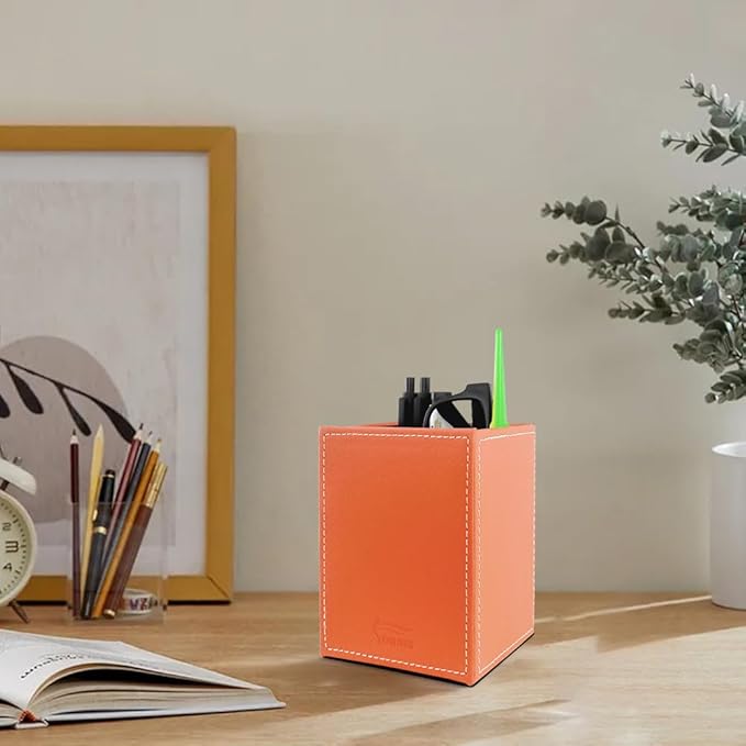 Pen Pencil Holder Cup Container PU Leather Desk Organizer Stand Decor Brush Scissor Holder Decoration Office Desk Home School (Orange, 3.54" x 3.54" x 4.72")