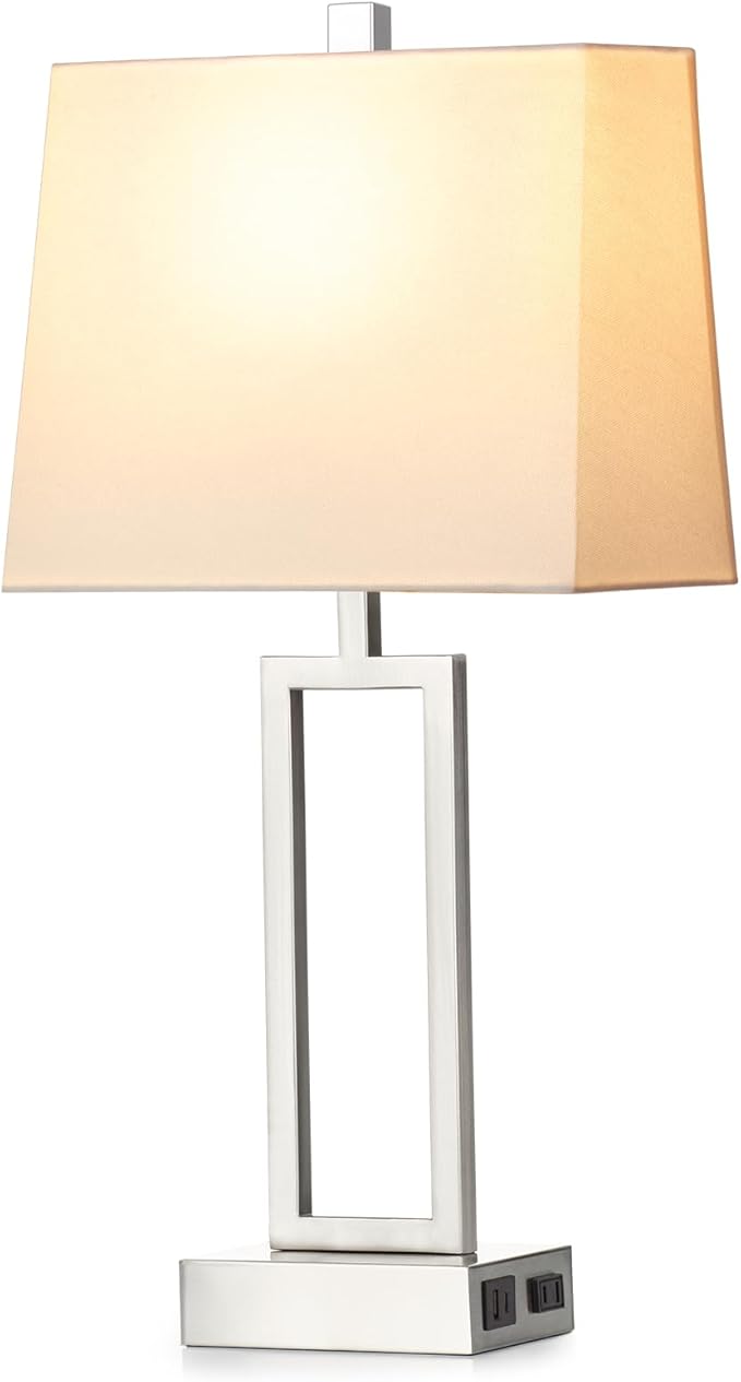 Touch Control Table Lamps for Living Room, 3-Way Dimmable Modern Table Lamp with USB A+C Charging Ports & AC Outlets, Bedside Contemporary Nightstand Desk Lamps with Fabric White Shade for Bedrooms