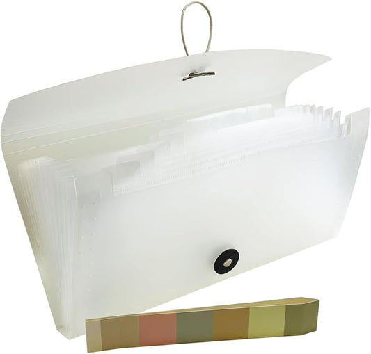 Small Accordion File Organizer - 13 Pocket Expanding Folder for Receipts, Bills, and Envelopes - Money Saving Binder (White)