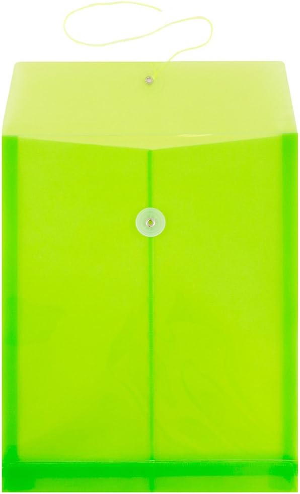 JAM PAPER Plastic Envelopes with Button & String Tie Closure - Letter Open End - 9 3/4 x 11 3/4 - Lime Green - 12/Pack