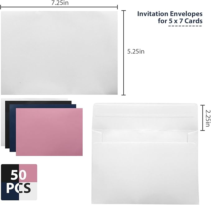 50 Pack White A7 & 5x7 Self-Sealing Envelopes for Invitations, Photos, Cards & Mailings - Wedding & Occasion Ready