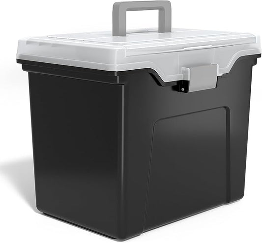 STAPLES File Folder Tote, Portable Filing Box, Letter Size Hanging Folders, Security Latch & Built-In Lid Organizer, Black/Clear
