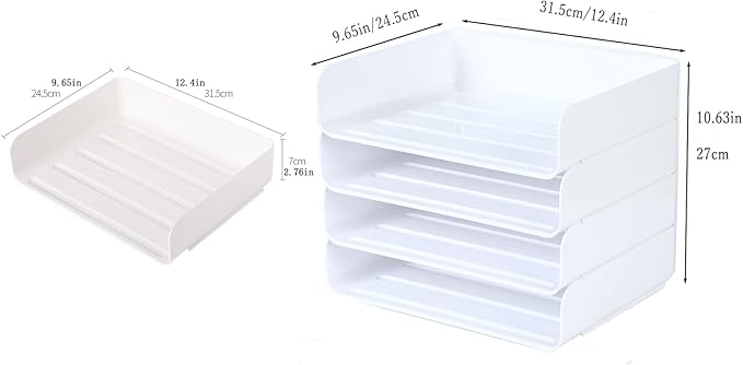 4 Tiers Stackable A4 Paper Trays, Office Desk File Holder, Tidy File Document Letter Book Paper Organizer (4 Tiers,White)