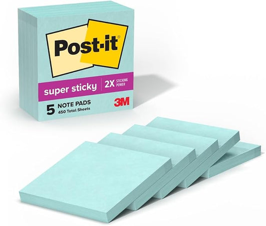Post-it Super Sticky Notes, 5 Sticky Note Pads, 3 x 3 in., School Supplies, Office Products, Sticky Notes for Vertical Surfaces, Monitors, Walls and Windows, Fresh Mint