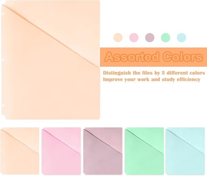 20 Pack Binder Pocket Letter Size Clear Plastic Document Folders File Folders Plastic 3 Hole Punch Binder Folders Binder Dividers with Pockets Binder Folders Side Loading 11x8.9 inch Assorted Colors