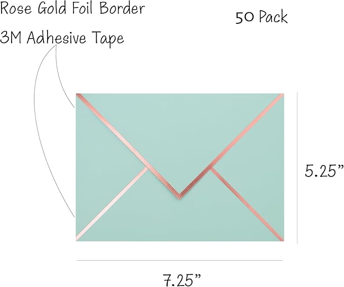 A7 Envelopes - V Flap Foil Border Luxury Mailing A7 Envelopes for 5" x 7" Cards - for Wedding, Invitations, Baby Shower, Graduation, Birthday, Bridal Shower - 5.25" x 7.25" (Seafoam Blue, 50 Pack)