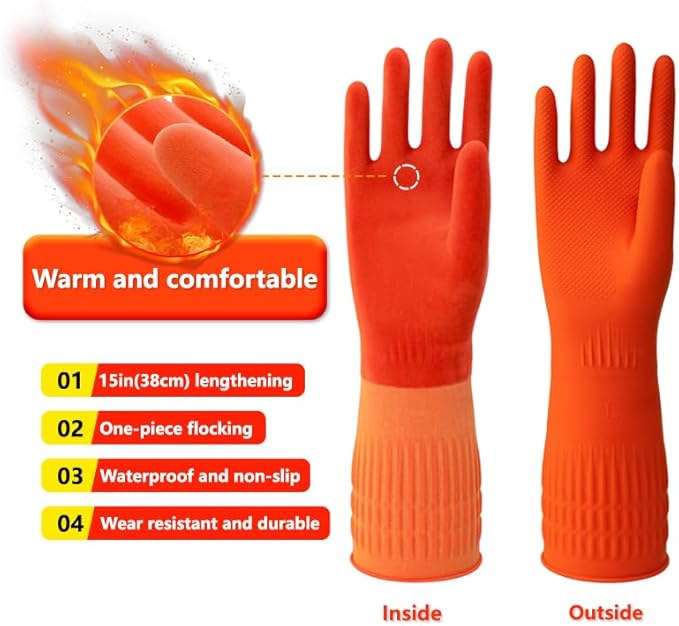 North Tower Kitchen Washing Room Gloves Fleece Lined, Reusable, Waterproof with Extra-Long Cuff & Anti-Slip Design for Household & Kitchen Use,15",2 Pairs Middle