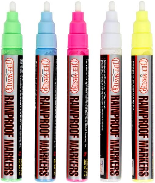 Chef-Master 90032 Waterproof Markers | 5 Different Vibrant Colors | Safe for Use on Outdoor Menu Signs | Smudge-proof & Rainproof Marker Pens | Easily Cleans with a Damp Cloth