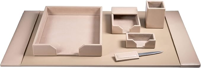 Dacasso Bonded Set Luxury Leather Desk Pad & Desk Organization Essentials, 6 Piece, White Latte