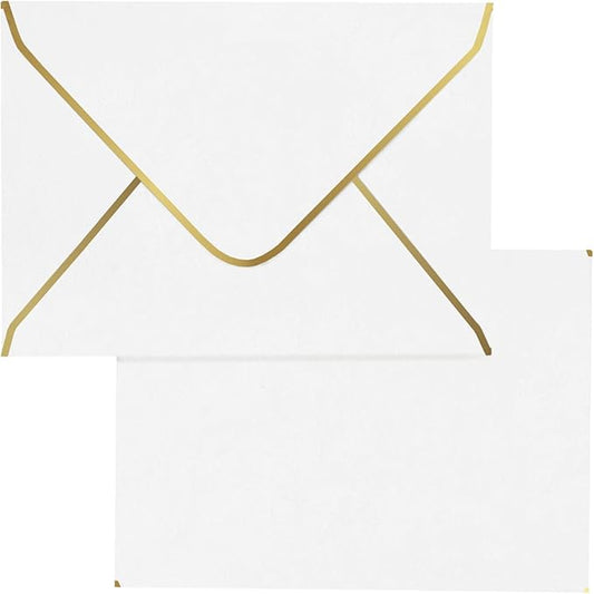 A7 White Envelopes 50 Pcs, Goefun 5x7 V-Flap Fancy Envelopes with Gold Border, for Invitation, Bridal Shower, Wedding, 5.25 x 7.25in