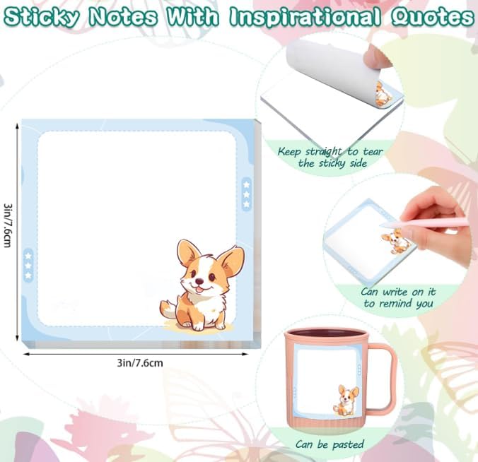 2 Pack Sticky Notes 3x3 Inches, Bright Cute Strong Sticking Power, Easy to Post for Home, Office, 80sheets/Pads, Cute Corgi