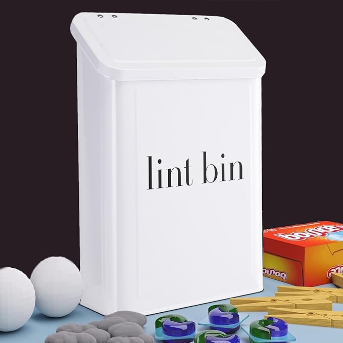 Magnetic Lint Bin with Lint Brush, Two White Hooks, one Black Back Side Hook & All Accessories for Laundry Room Decor, Wall-Mounted Lint Bin with Lid, White Powder Coated, Space-Saving Trash Can