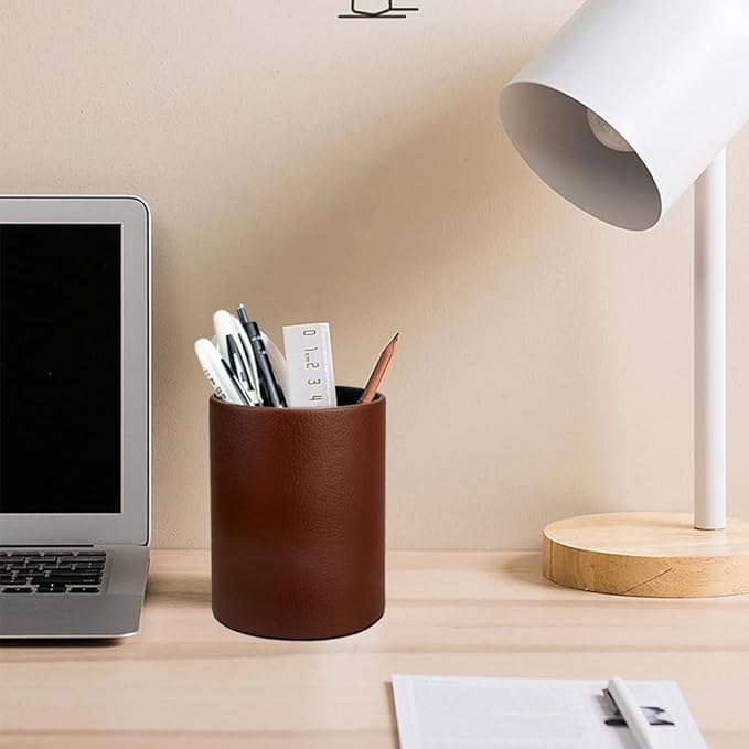 Pen Pencil Holder Cup Container PU Leather Desk Organizer Stand Decor Brush Scissor Holder Decoration Office Desk Home School (3.3" x 3.3" x 4", Brown)