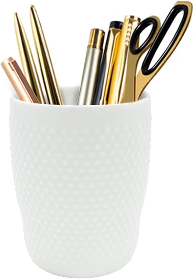 Vintage Ceramic Pen Holder for Desk Cute, White Desk Organizer, Round Pencil Cup for Office Home, Makeup Brush Holder as a Gift for Kids, Girls, Women