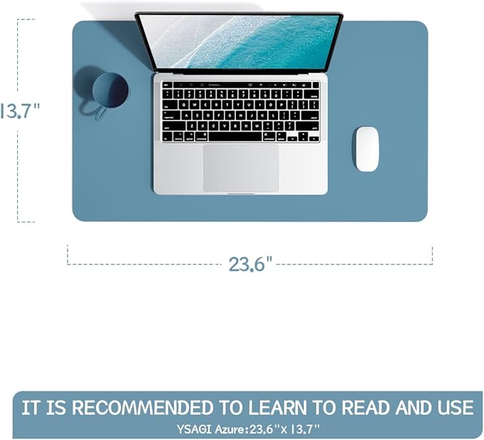 YSAGi Non-Slip Leather Desk Pad, Waterproof Laptop Computer Desk Keyboard Mat, Table Protector Blotter Mat, Large Mouse Pad for Office/Work/Home/Decor(Blue, 23.6" x 13.7")