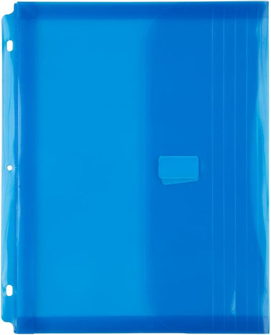 JAM PAPER Plastic 3 Hole Punch Binder Envelopes with Hook & Loop Closure - Letter Booklet - 9 1/2 x 11 1/2 with 1 Inch Expansion - Blue - 12/Pack