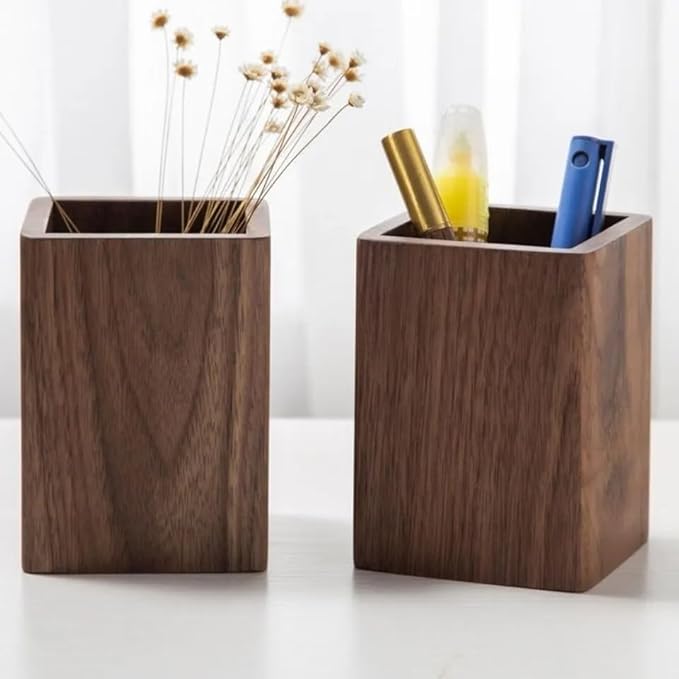 Wooden Pen Holder for Desk, Multi-Functional Pen Cup Pencil Holder for Office School Supplies Storage, Black Walnut Desk Organizer and Accessories（Square）