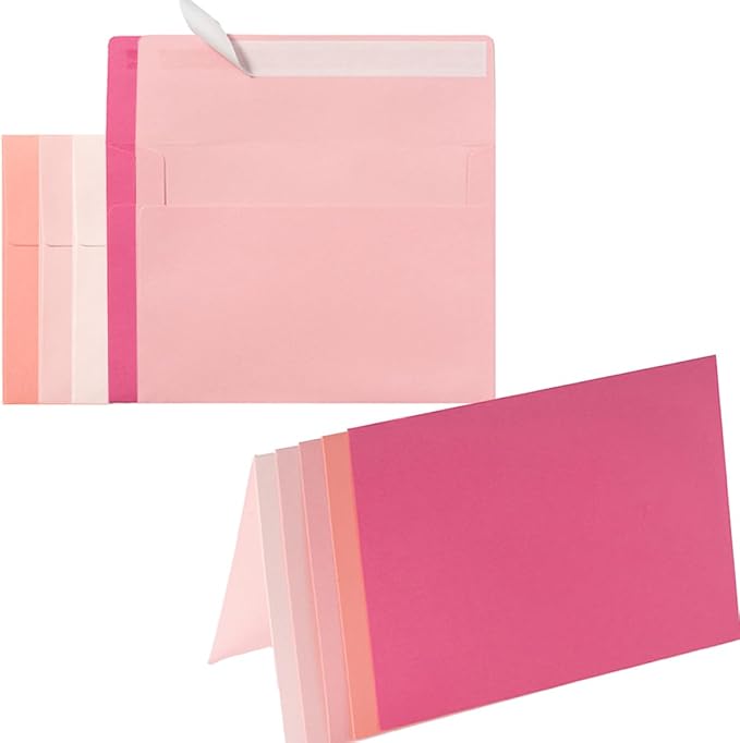 Wishop 50 Pack Pink 4x6 Self-Adhesive Envelopes with Fold Cards 5 Colors for Wedding Invitations and Greeting Cards (Pink 5 Colors, 4x6)
