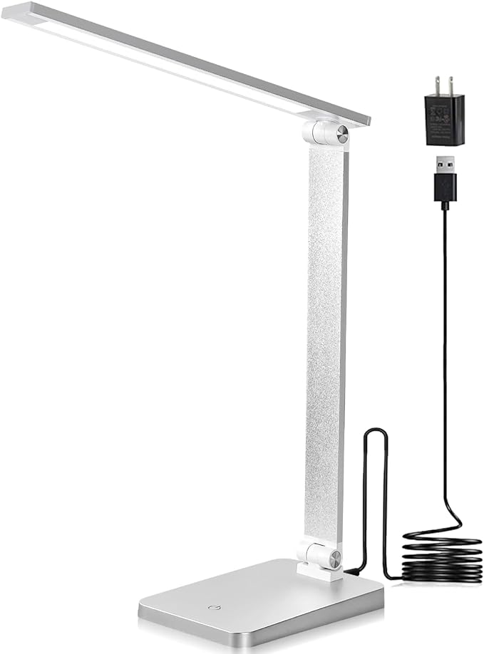 LED Desk Lamp for Home Office, 3 Levels Dimmable Desk Light with USB Charging Port, Small Study Lamp, Reading Light for Table, Silver, 5000K