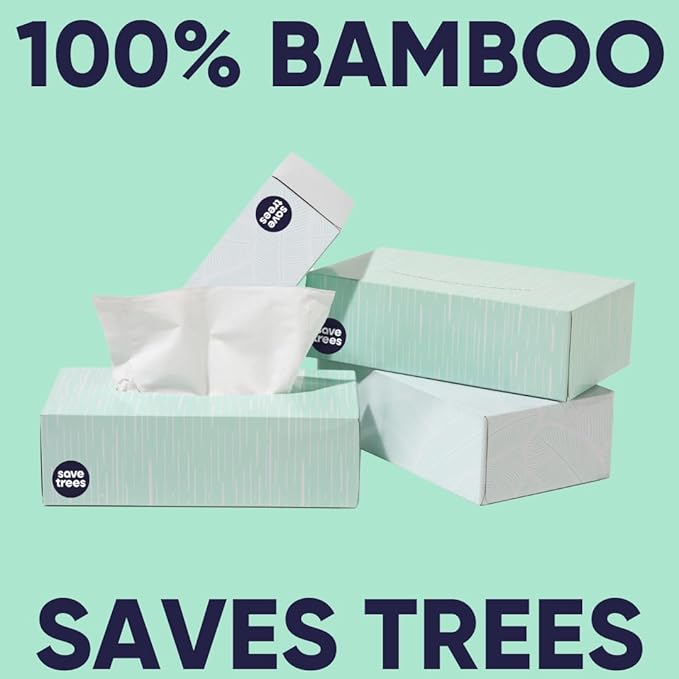 Save Trees Bamboo Facial Tissues - 4 Boxes of Eco-Friendly, 3-Ply Hypoallergenic Tissues, 90 Sheets per Box, FSC Certified, Plastic-Free Packaging, Soft & Gentle for Home Use