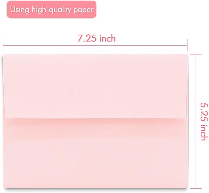 100 Pack A7 Pink Invitation 5x7 Envelopes - Self Seal, Square Flap,Perfect for Baby Shower, 5x7 Cards, Weddings, Birthday, invitations, Graduation, 5.25 x 7.25 Inches (Pink)