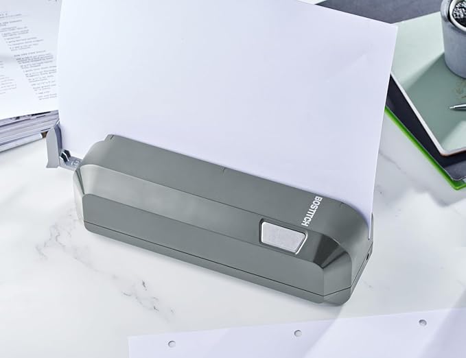 Bostitch Office Electric 3-Hole Punch, Dual Paper Loading, Heavy Duty, Jam-Free 20 Sheet Capacity, AC Adapter or Battery Powered, Space Saving, Grey, (EHP20-GRY)