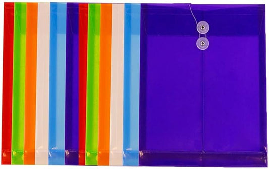 JAM PAPER Plastic Envelopes with Button & String Tie Closure - Letter Open End - 9 3/4 x 11 3/4 - Assorted Colors - 12/Pack