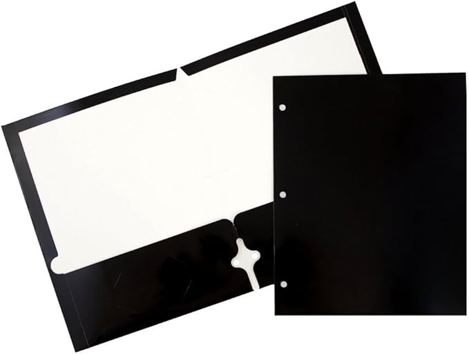 JAM PAPER Laminated Two Pocket Glossy 3 Hole Punch School Folders - Letter Size - High Gloss Black - Bulk 100/Box