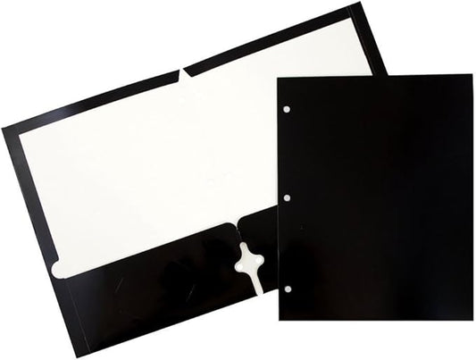 JAM PAPER Laminated Two Pocket Glossy 3 Hole Punch School Folders - Letter Size - High Gloss Black - Bulk 25/Pack