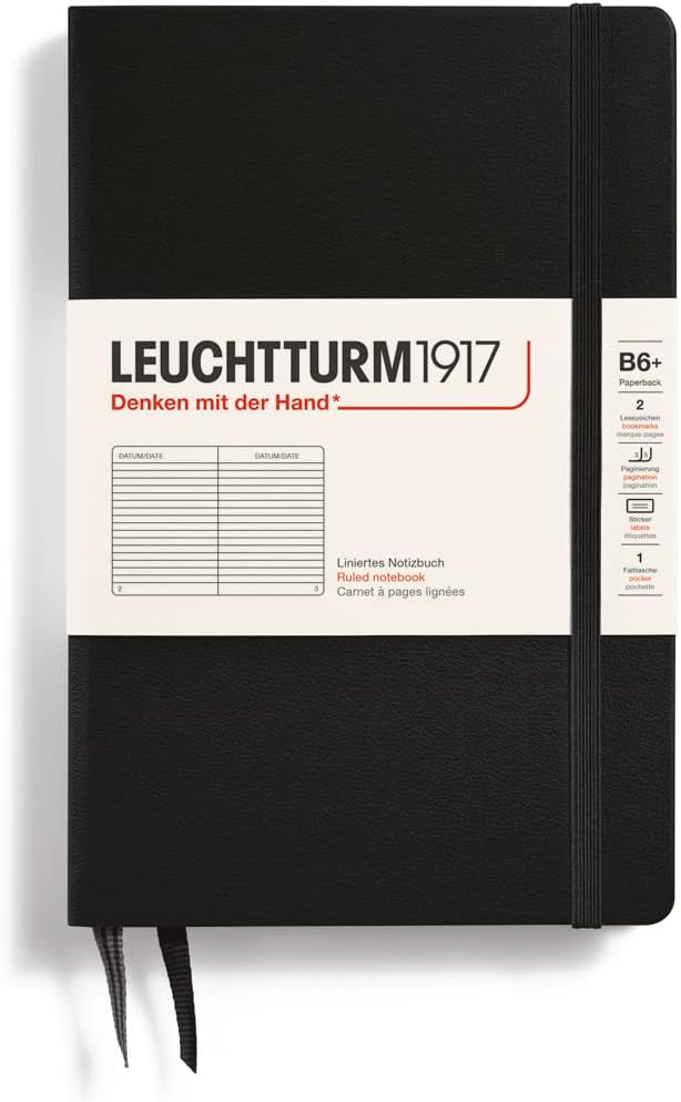 LEUCHTTURM1917 - Notebook Hardcover Paperback B6+ - 219 Numbered Pages for Writing and Journaling (Black, Ruled)