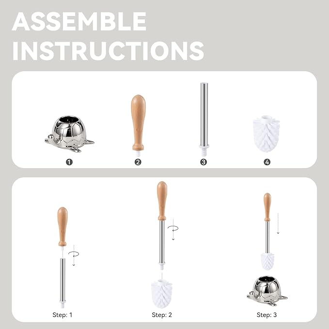 Toilet Brush and Holder Set, Ceramic Turtle Base Toilet Brush Set - 7.5” Bowl Cleaner, Toilet Scrubber Brush with Ergonomic Handle (Silver)